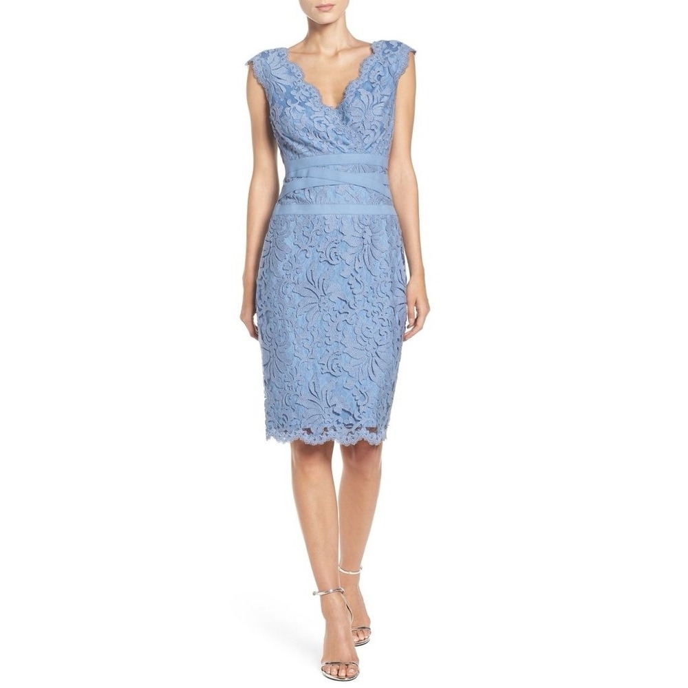 Tadashi Shoji Size 2 Lace Sheath Dress Periwinkle Blue V-Neck Ribbon Waist Party